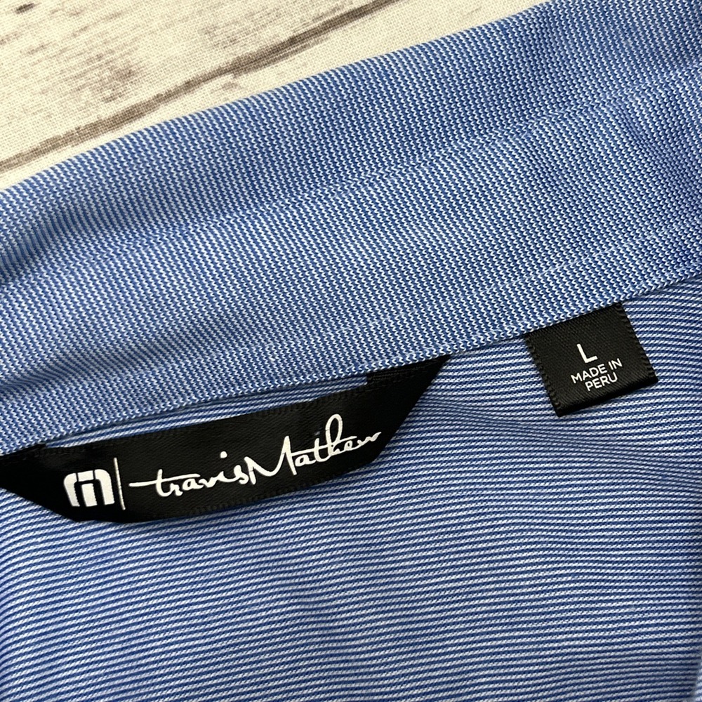 Travis Mathew Golf Polo Shirt Mens Large Blue Pima Cotton Blend Micro Stripes - Picture 4 of 9